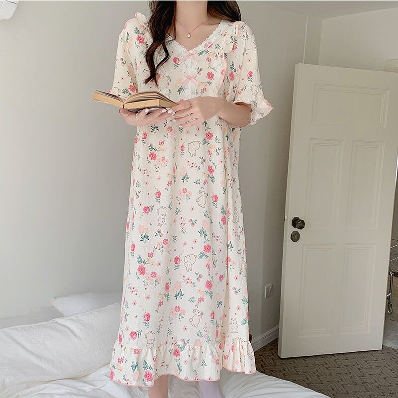 Camisón de encaje Floral para mujer, ropa de dormir con volantes, diseño de lazo, estilo coreano, suelto, fino y acogedor