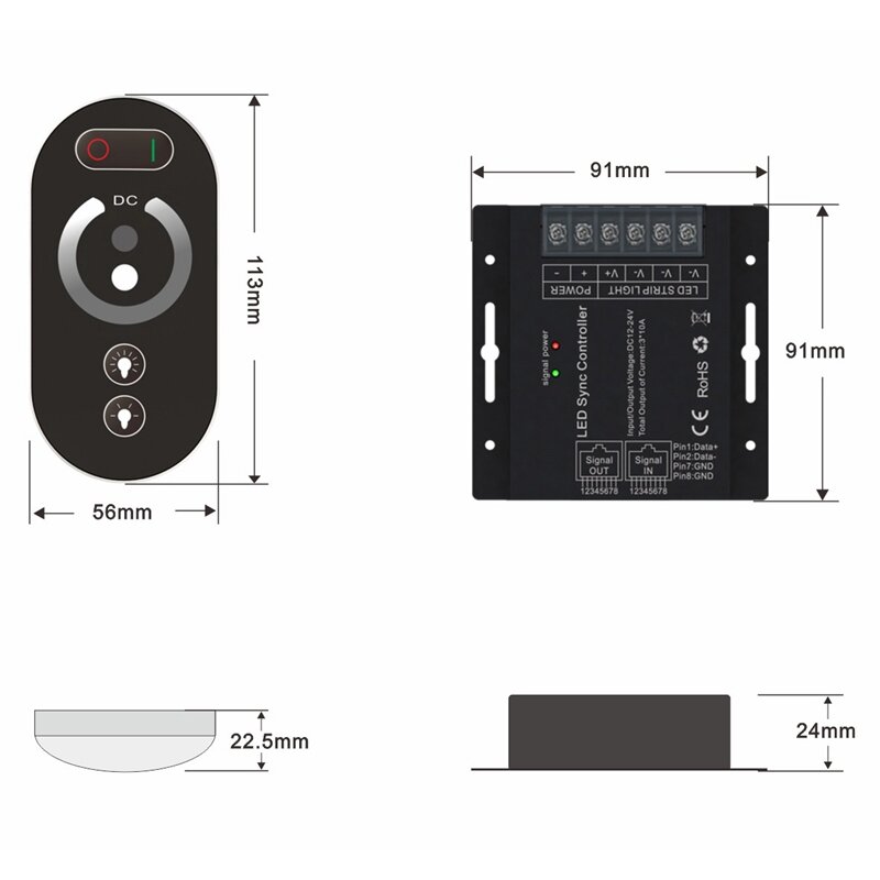 Pengendali LED nirkabel RF pengendali jarak jauh tegangan rendah pengendali monokrom LED sinkron saluran tunggal 12-24v