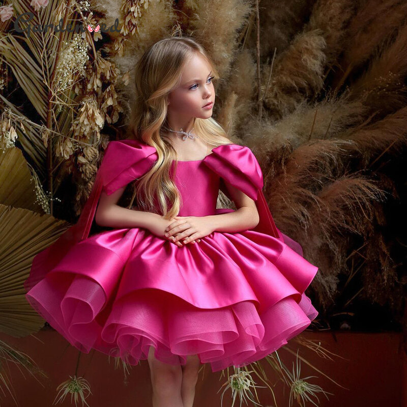 Flower Girl Dress Layers maniche a sbuffo Princess Girl Dress Rose Satin Bow Child Party Birthday Dresses Gown