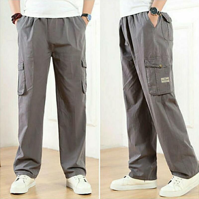 Calças de cintura elástica masculina, streetwear, calças de perna larga, bolsos múltiplos, conforto casual, estilo respirável