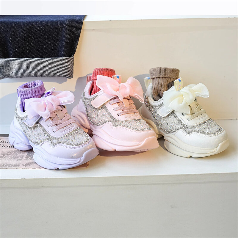 Princesa sapatos com arco de strass para meninas, tênis casuais para estudante, bebê e criança, moda, primavera e outono, 2a