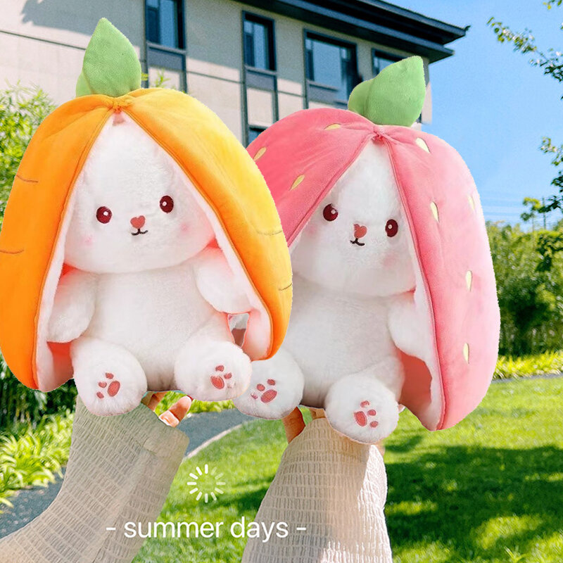 Mainan Cosplay wortel stroberi 25cm tas kreatif boneka jadi buah berubah boneka kelinci lucu untuk anak-anak