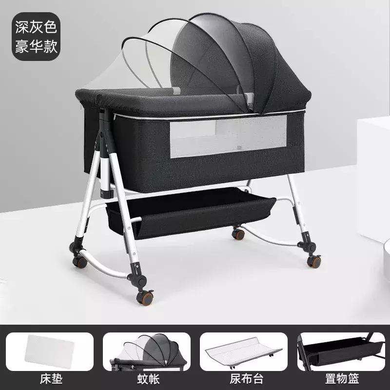 Baby Crib Movable Crib Portable Cradle Bed Foldable and Multifunctional Newborn Splicing Large Bed