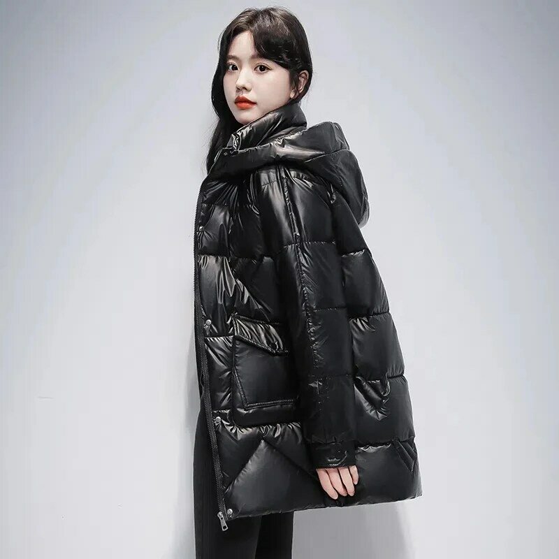Abrigo negro brillante para mujer, chaqueta holgada de algodón para la nieve, abrigo grueso con capucha, Parka larga y cálida para invierno, novedad de 2022