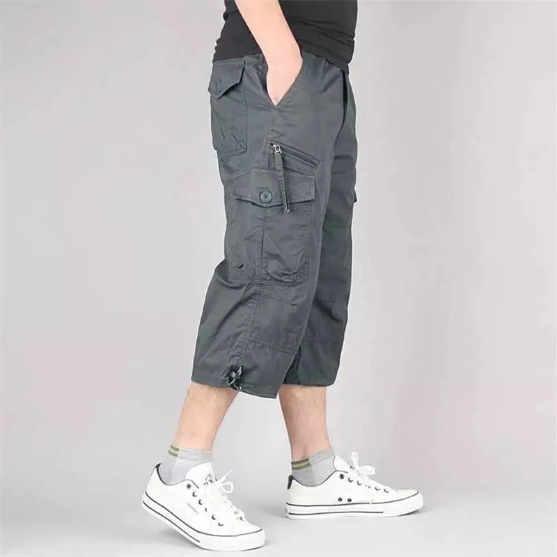 Шорты-карго мужские длинные, повседневные хлопковые эластичные брюки-Капри с множеством карманов, тактические Короткие бриджи в стиле милитари, 5XL, на лето