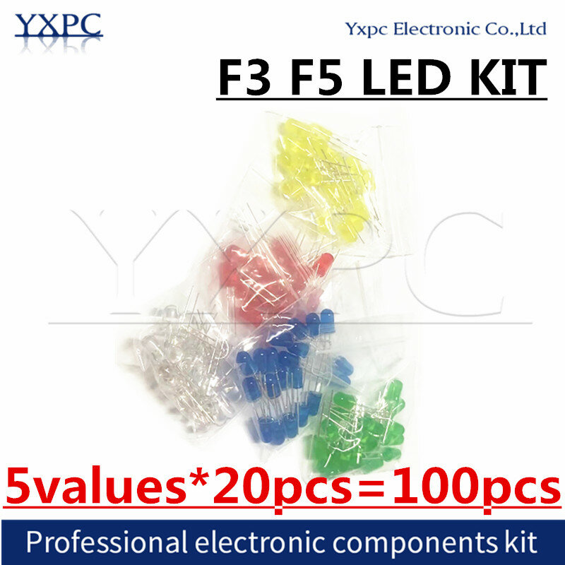 Juego de diodos de luz transparente, kit electrónico LED, rojo, verde, amarillo, azul, blanco y naranja, F3, 3MM, F5, 5MM, 100 Uds.