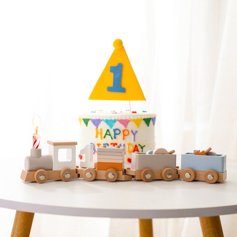 Mainan kereta ulang tahun kayu, mainan pendidikan bayi montesori, troli kayu, mainan belajar bayi, jumlah kayu