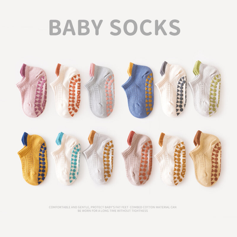 Meias infantis antiderrapantes respiráveis, meias de algodão de malha, meias de chão para bebês recém-nascidos meninos e meninas, 0-5t, 3 pares por pacote, verão
