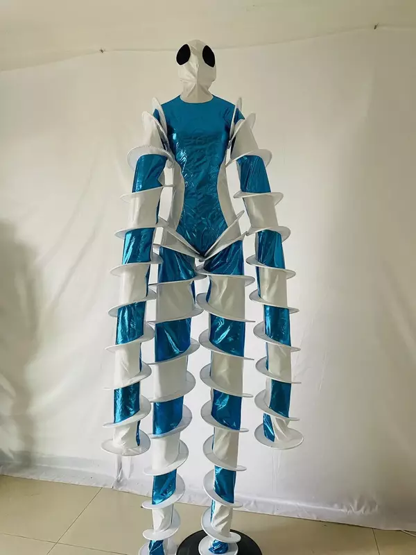 Halloween DJ Stilts Walker Blue and white events holiday Rhinestone Dress Celebrate Party Show Dancer  Show  Mask Costume