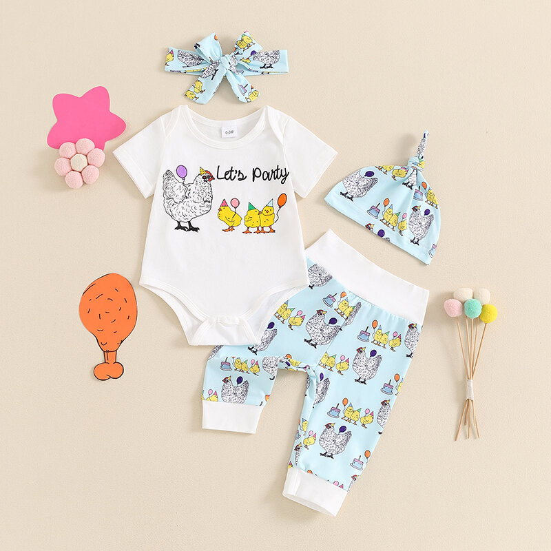 2024-03-19 Lioraitiin 0-18M Infant Baby Boys Girls Summer Outfits Short Sleeve Chick Print Romper+Pants+Headband+Hat Clothes Set