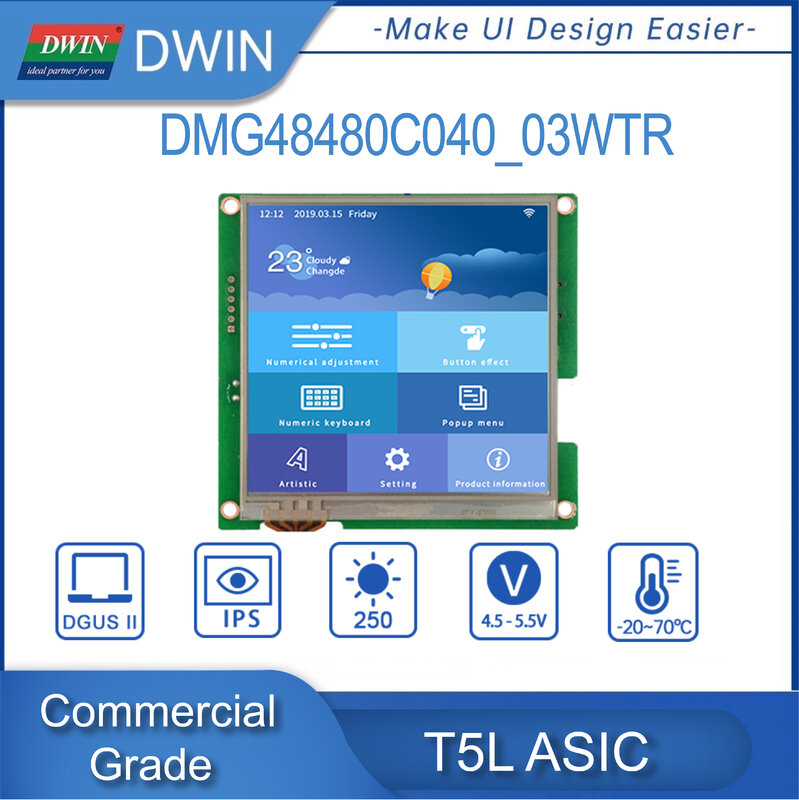 Dwin 4 Polegada 480*480 display lcd quadrado grau comercial hmi tela de toque inteligente uart série 250nit módulo lcd dmg48480c040_03w