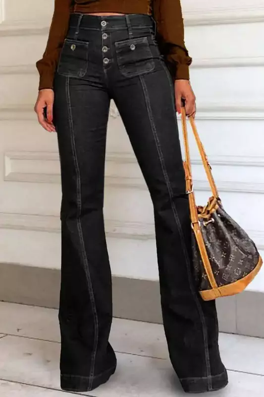 Ladies High Waist Solid Color Denim Flared Pants Autumn and Winter British Age-reducing Classic Pants