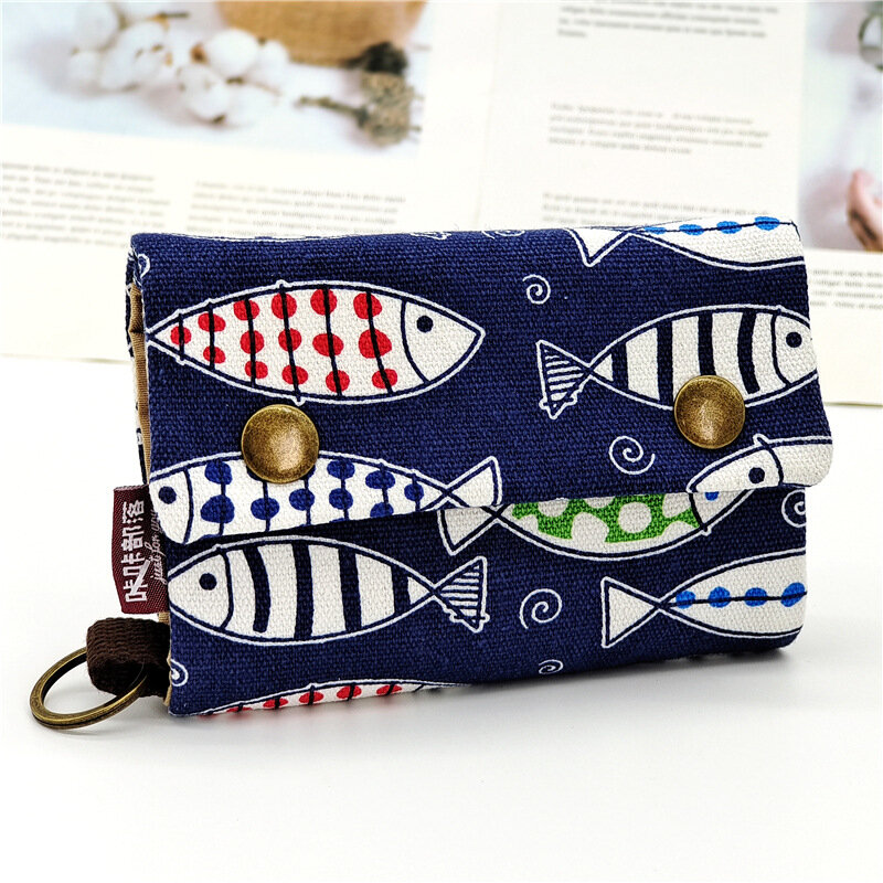 Canvas Cartoon Printing Fold Wallet for Women, Small Card Organizer, Key Pouch, Ladies 'Money Bag, Coin Purse for Children, Girls, Woman