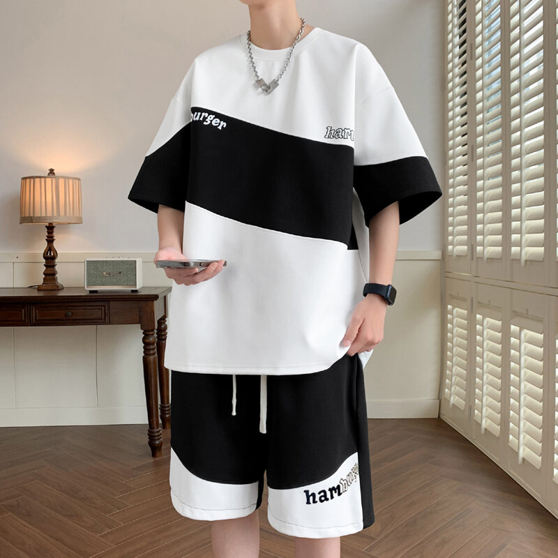 Conjunto de t-shirt e calções de manga curta masculino, fato de treino retalho streetwear Y2K, marca Sportswear, verão, conjuntos de 2 peças, 2024