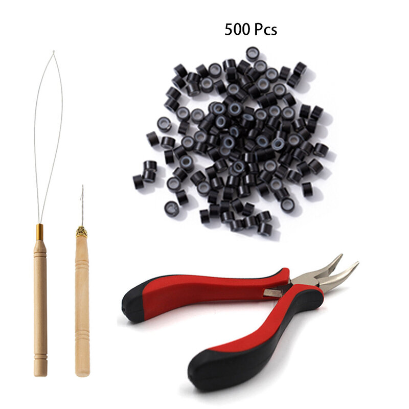 Hair Extensions Kit Bead Hair Extensions Threader Pulling Hook Pliers,Nano Link Tools 500PCS Silicone Rings Beads for Hair Style