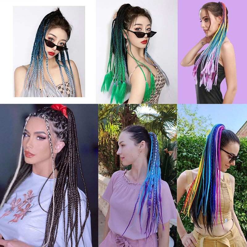 Extensión de cabello de cola de caballo trenzada colorida para mujeres y niñas, 24 pulgadas, trenzas sintéticas de Color arcoíris, cola de caballo con banda elástica