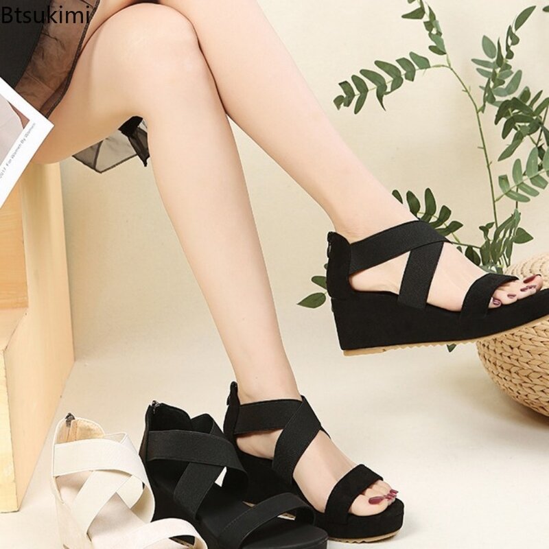 New Wedge Sandals for Women 2024 Summer Fashion Cross-strap One Word Roman Shoes Ladies Chunky Soled Back Zip Peep Toe Sandalias