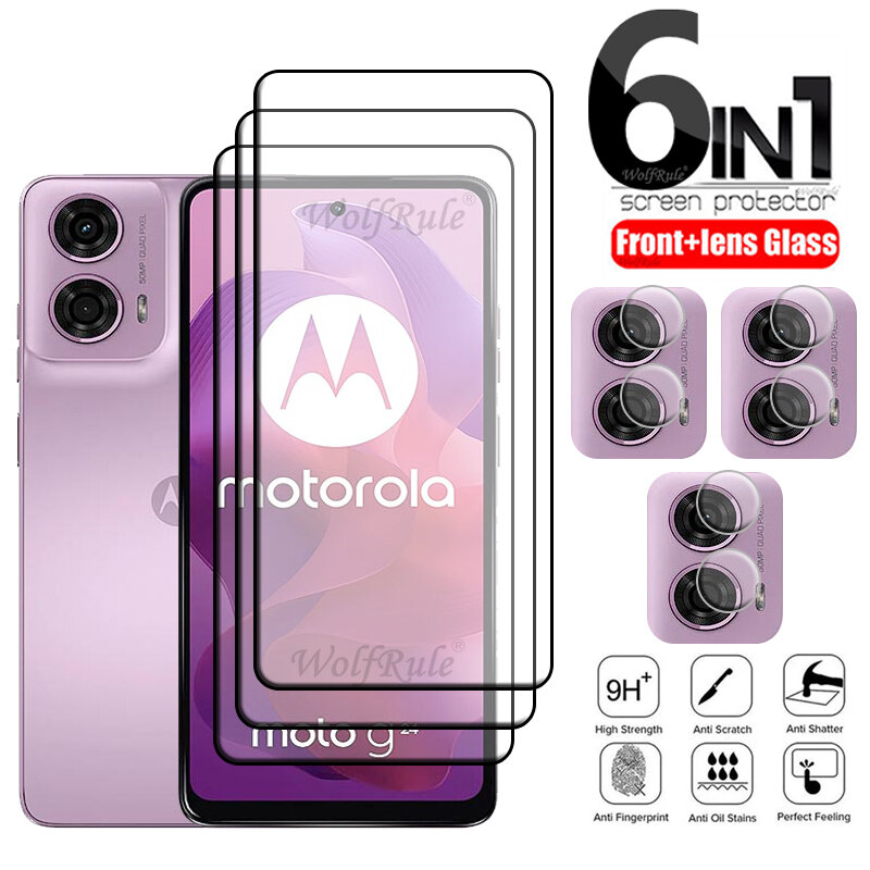 Protector de pantalla de vidrio templado 6 en 1 para Motorola Moto G24, cubierta de pegamento completo 9H, vidrio de lente para Moto G24 G 24