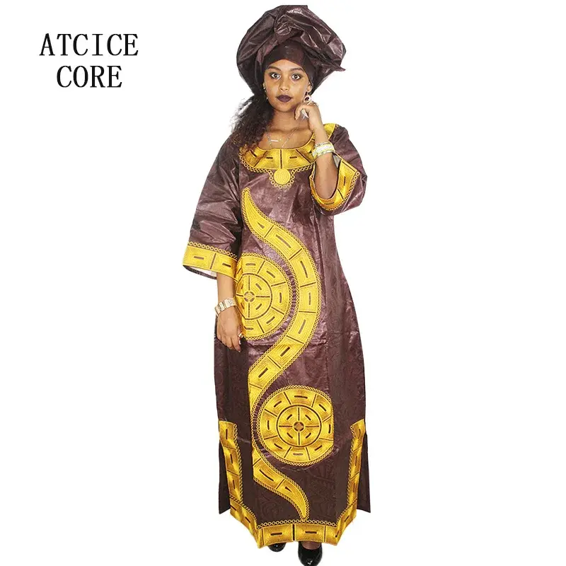 Gaun Afrika untuk Wanita Desain Fashion Gaun Desain Bordir Bazin Afrika Baru Gaun Panjang dengan Syal LA009 #