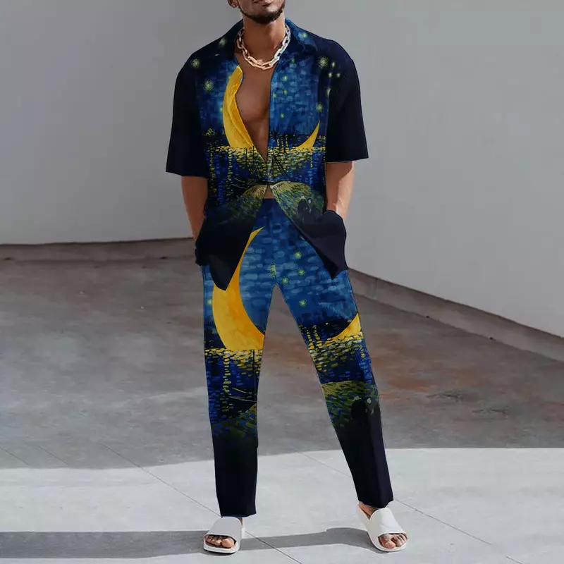 Conjunto de dos piezas con estampado 3D para hombre, camiseta de manga corta con solapa y pantalones, traje informal, ropa de calle, 2023
