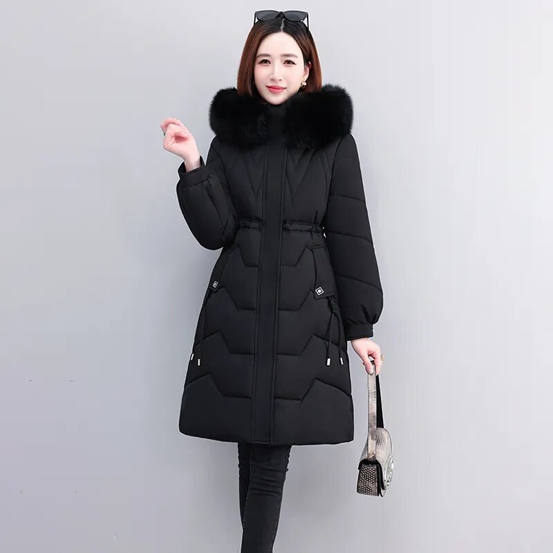 2023 Winter Long Cotton-Padded Coat Ladies New Down Jacket Women Parkas Big Fur Collar Outwear Detachable Hat Overcoat Tide Tops