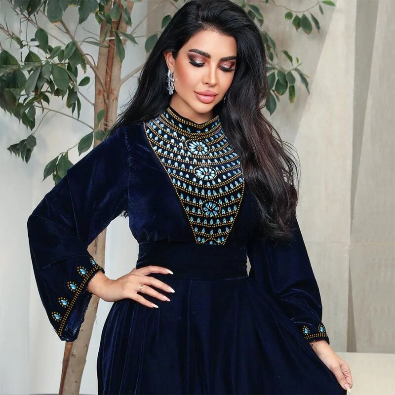 Blue Velvet Belted Dress Diamonds Beading Gown Abaya Dubai Muslim Robe For Women Kaftan Round Neck Evening Party Long Djellaba