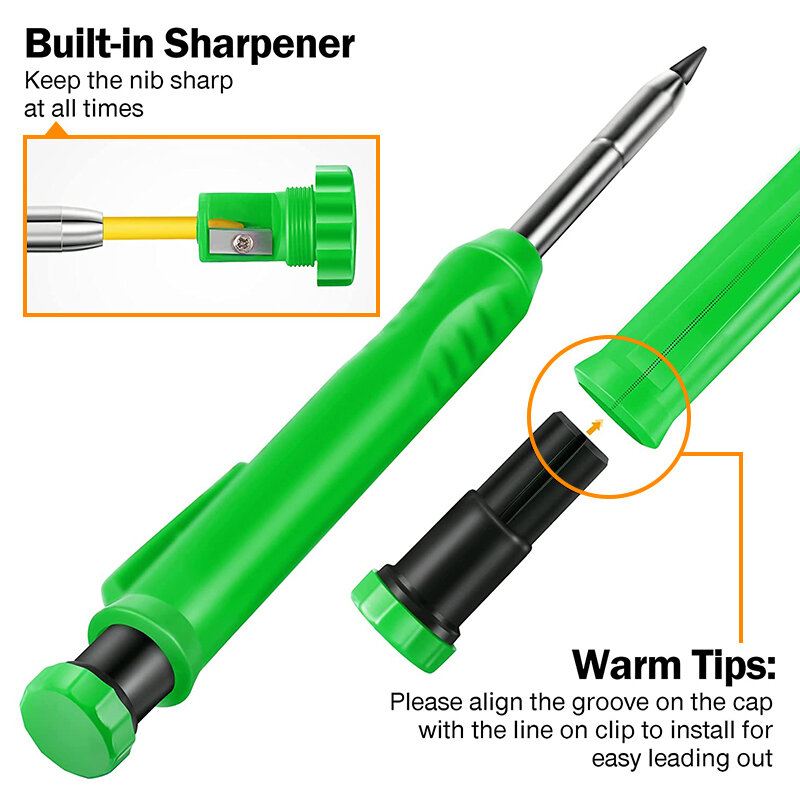 Solid Carpenter Pencil Set Built-in Sharpener with 6 Refill Leads Mechanical Pencil Marking Tool Kit for Woodworking Architect