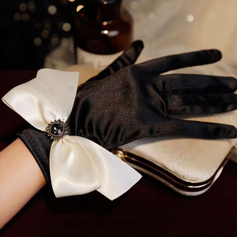 Luvas originais de cetim preto Hepburn bowknot fino, acessórios de noiva vintage, palco banquete, novo