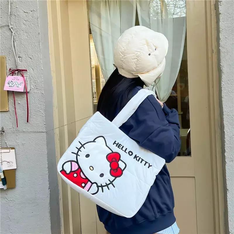 2024 New Sanrio Handbag Cartoon Cute Down Fabric Kuromi Tote Bag Shoulder Pacha Dog Cute Stationery Bag Large Capacity Handbag