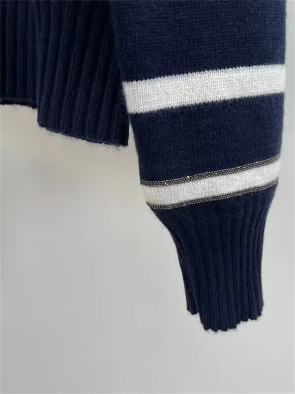여성 라운드넥 캐주얼 긴팔 풀오버, 스트라이프 배색 스웨터, 비즈 체인 디자인, 가을 겨울, 2023 신상