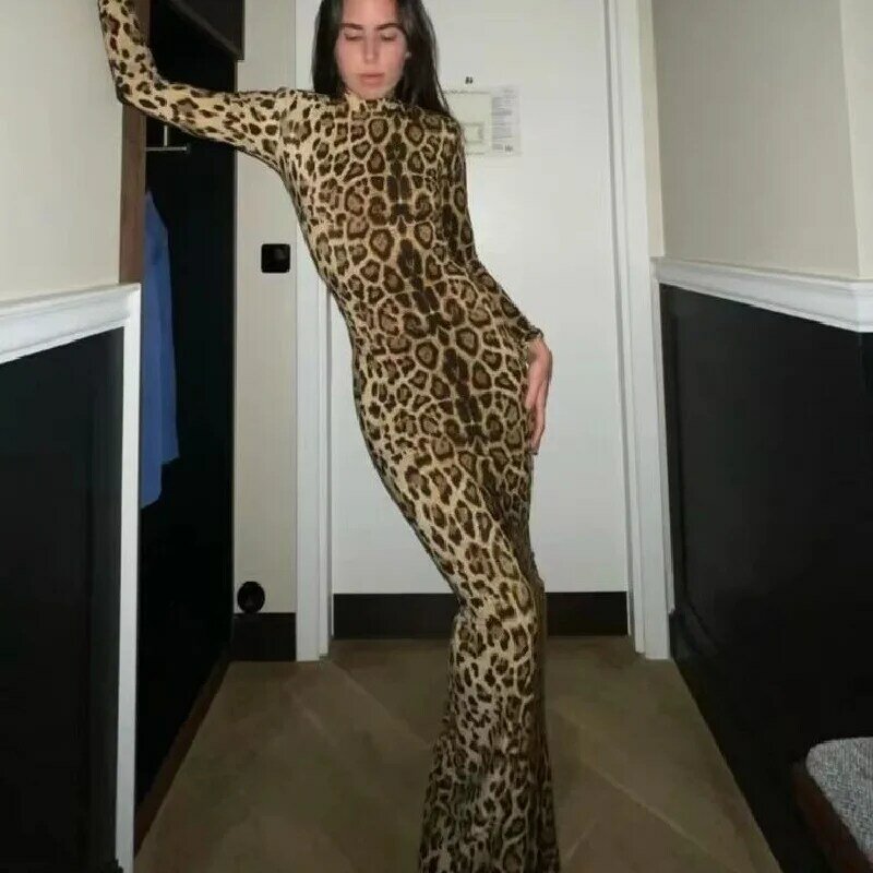 Women Leopard Long Slim Dress Ladies Long Sleeve Dress Party Club Vestidos Sexy Robe 2024 NEW