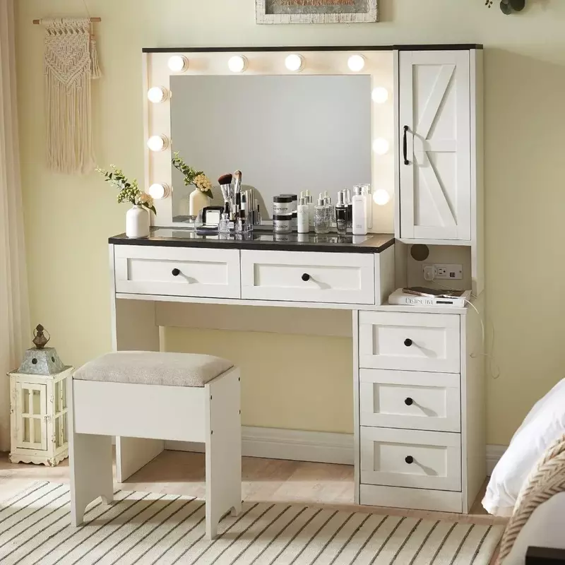 Mesa de maquillaje de 43 "W, tocador con espejo y cajones de luces, muebles blancos para habitación, luz para tocador de aire