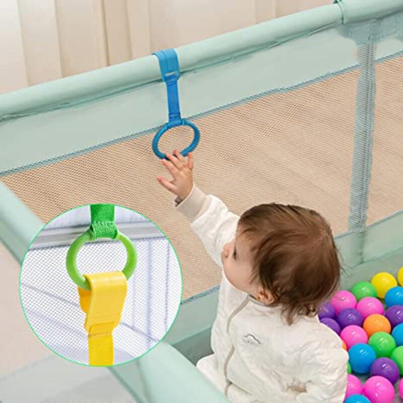4 buah/lot cincin tarik untuk Playpen Crib bayi kait penggunaan umum kait mainan bayi liontin tempat tidur cincin kait cincin gantung membantu bayi berdiri
