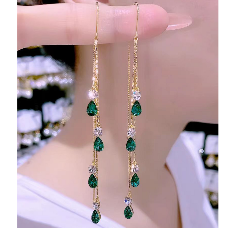 Two Pieces Fashion Exquisite Tassels Water Droplets Inlaid Zircon Copper Golden Colour Tassel Earrings Woman Party Gift Daily