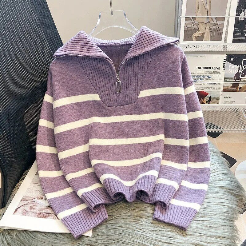 캐주얼 스트라이프 니트 스웨터, 2023 봄/가을 패션, 빈티지 하프 지퍼 풀오버, 여성용 짧은 상의, 루즈하고 세련된 스웨터