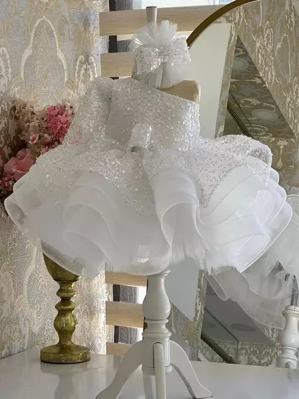 Luksusowe dziecko dziewczynka suknia ślubna białe koraliki imprezowe sukienki koraliki warstwowe tiulowe rękawy bufiaste kwiatowe dziewczęce sukienki na ślub