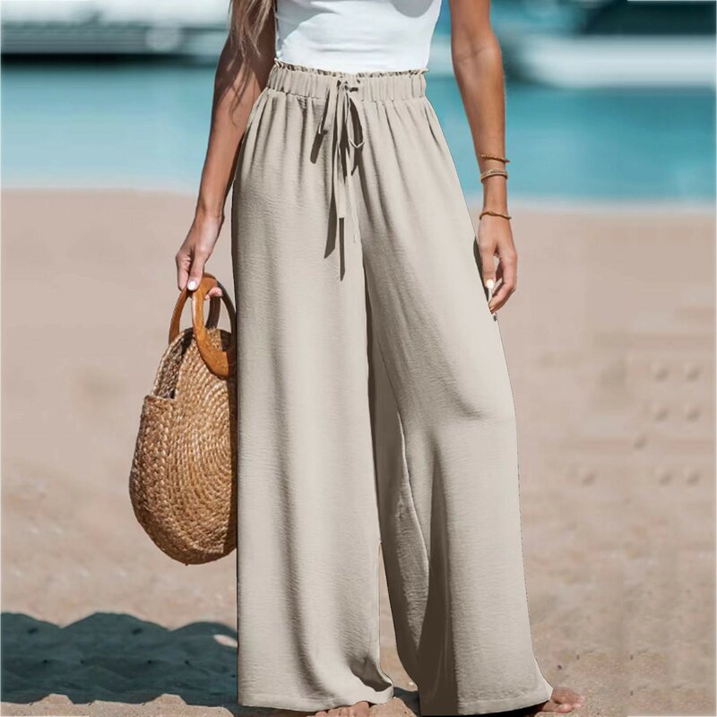 2024 nuove donne Casual pantaloni a gamba larga solido coulisse elastico a vita alta pantaloni da spiaggia Streetwear pantaloni lunghi larghi Pantalones