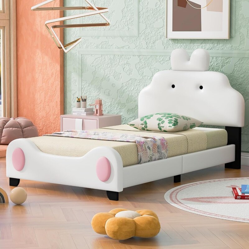 Children's bed frame, children's cartoon headboard and footrest, with wooden board support, PU soft cushion platform bed frame