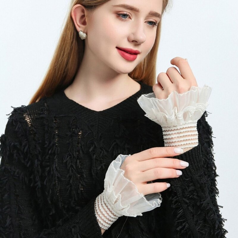 Renda manset palsu kerut penghangat pergelangan tangan berpasangan untuk dropship dekoratif sweter putri
