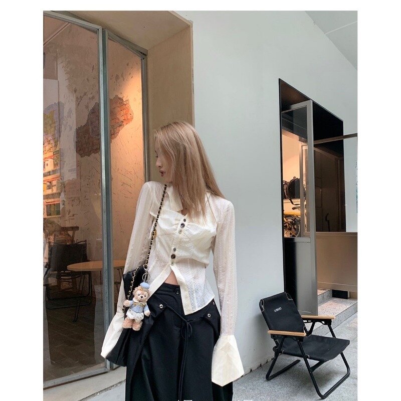 QWEEK White Youthful Flare Sleeve Shirt Woman Korean Fashion Elegant Blouses Y2k Vintage Button Up Clothes Spring Chic Aesthetic