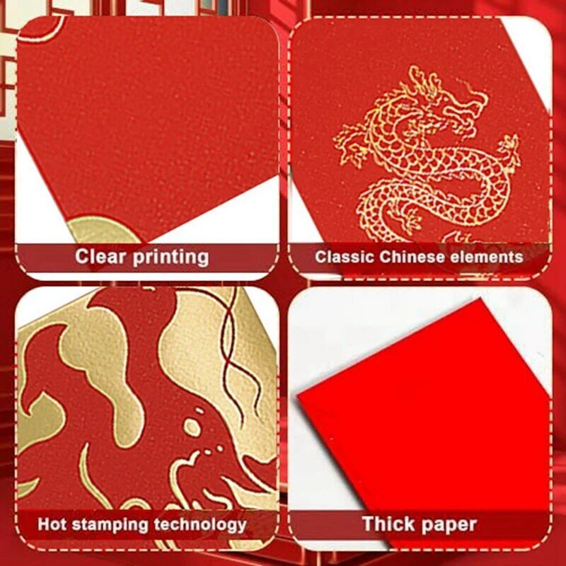 Envelopes vermelhos do ano novo chinês, festival da primavera, pacotes de dinheiro da sorte, ano do dragão 2024, 60 pcs