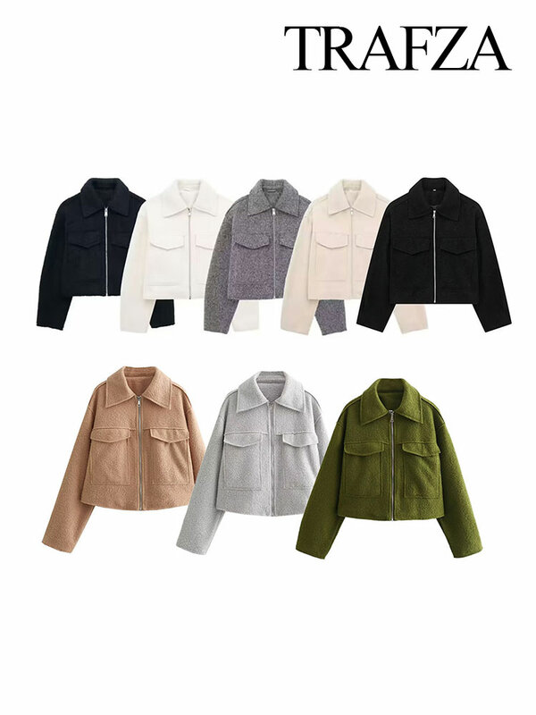 TRAFZA Trendy Versatile Jackets For Women 2024 Female Casual Solid Color Lapel Long Sleeves With Pockets Zipper Retro Coats