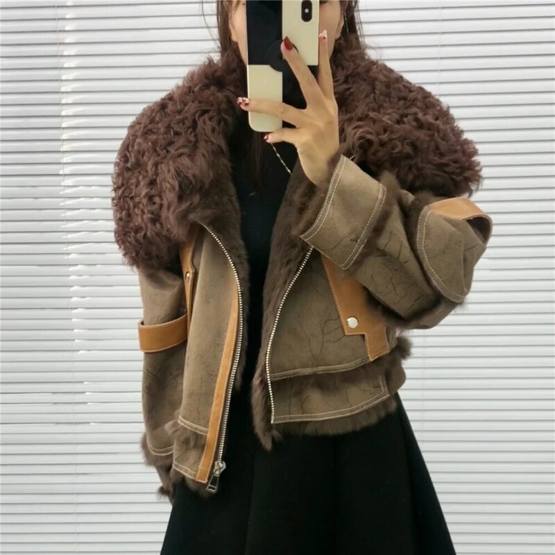 2023 Winter New Genuine Fur Coat Women Double Faced Rabbit Fur Jacket Fashion Wool Collar Lapel Moto Biker Style Jacket Y3067