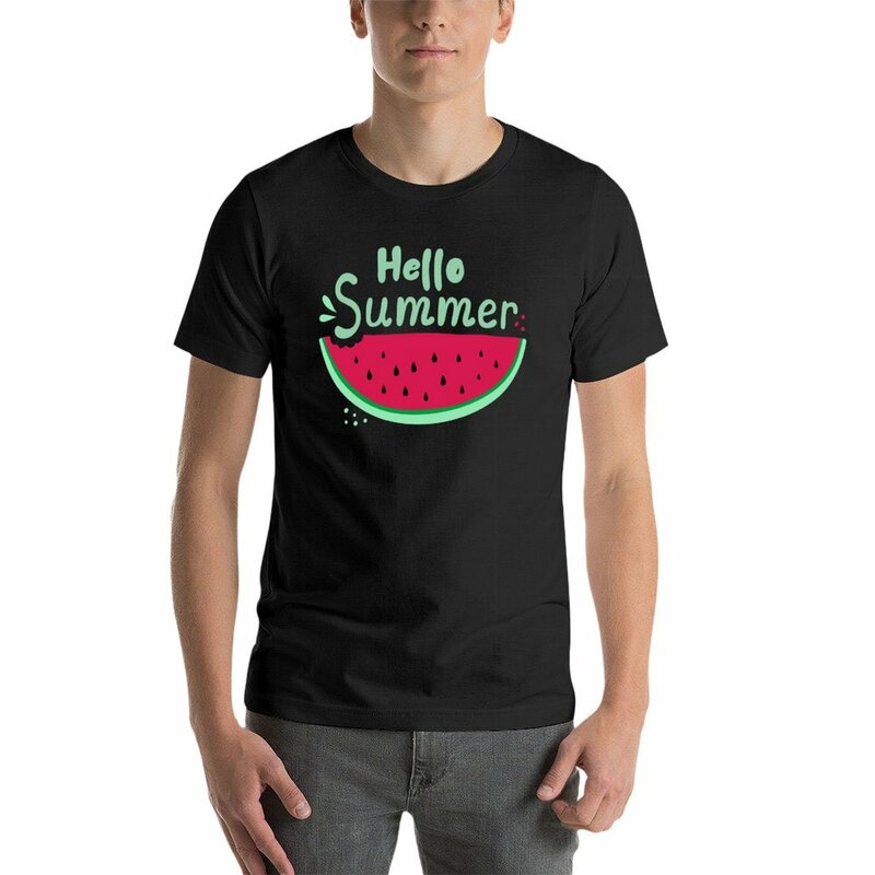 Hello kaus semangka anak laki-laki, baju oblong putih pria kelas berat sublime musim panas