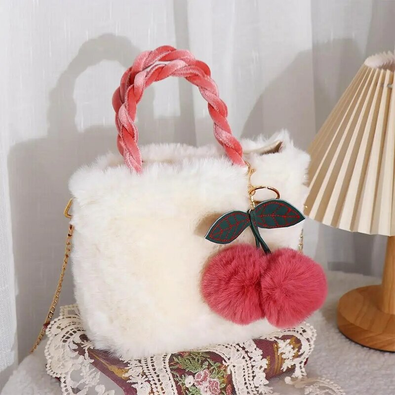 Tote Bag Women Shoulder Bag Large Capacity Chains Bag Winter Plush Handbag Cherry Plush Bag Female Handbag Small Square Bag