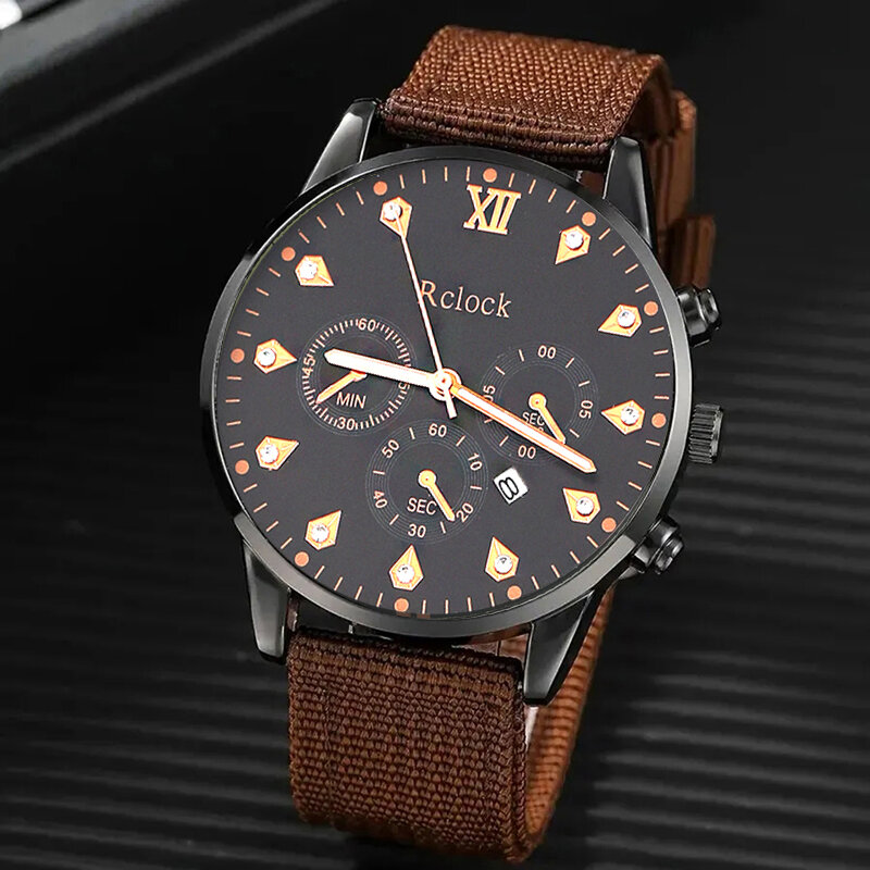 Men's Nylon Strap Quartz Watch, Relógios Calendário de Negócios, Corda de Mão, Luxo, Esporte, Casual, Moda, 4Pcs Set