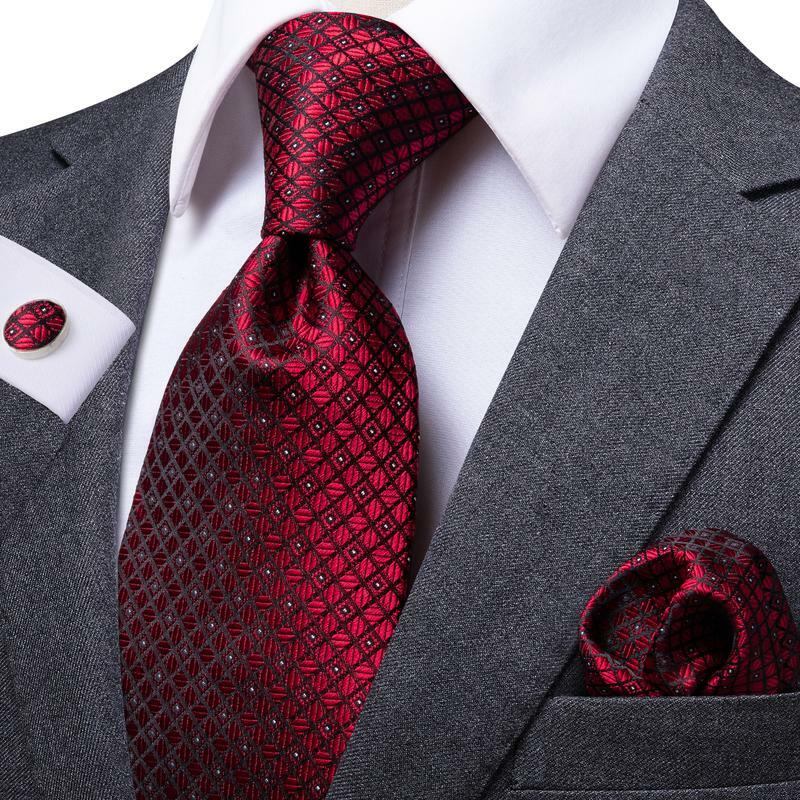 Hallo-Krawatte Designer Rot Burgund Plaid Seide Hochzeit Krawatte Für Männer Handky Manschettenknopf Geschenk Herren Krawatte Mode Business Party dropshiping