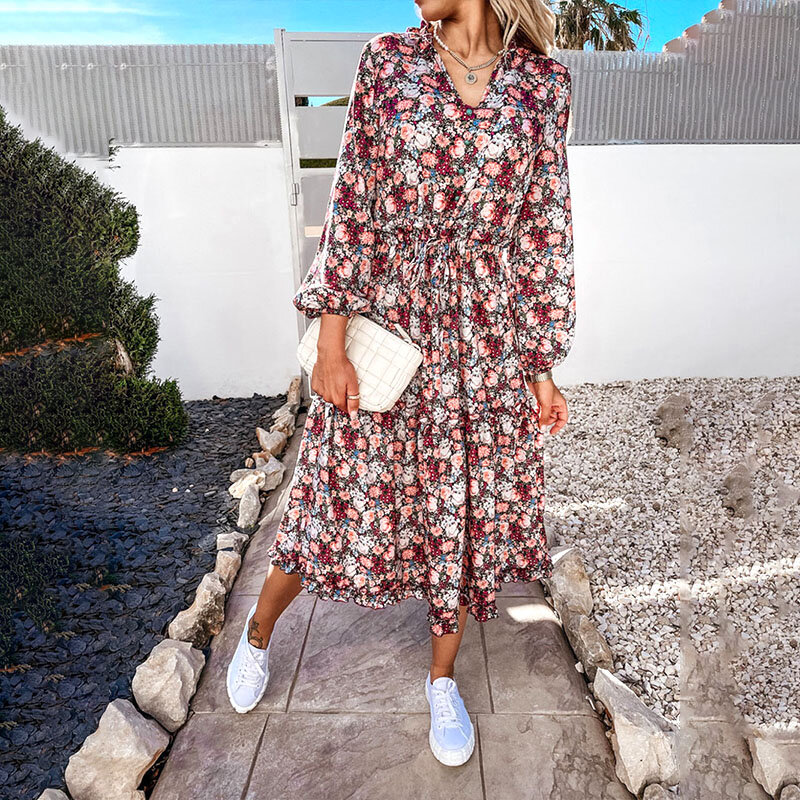 2022ฤดูใบไม้ผลิแฟชั่นผู้หญิงดอกไม้พิมพ์ Casual Beach V คอยาวแขนเสื้อชุด Midi Vestido De Mujer เสื้อผ้า