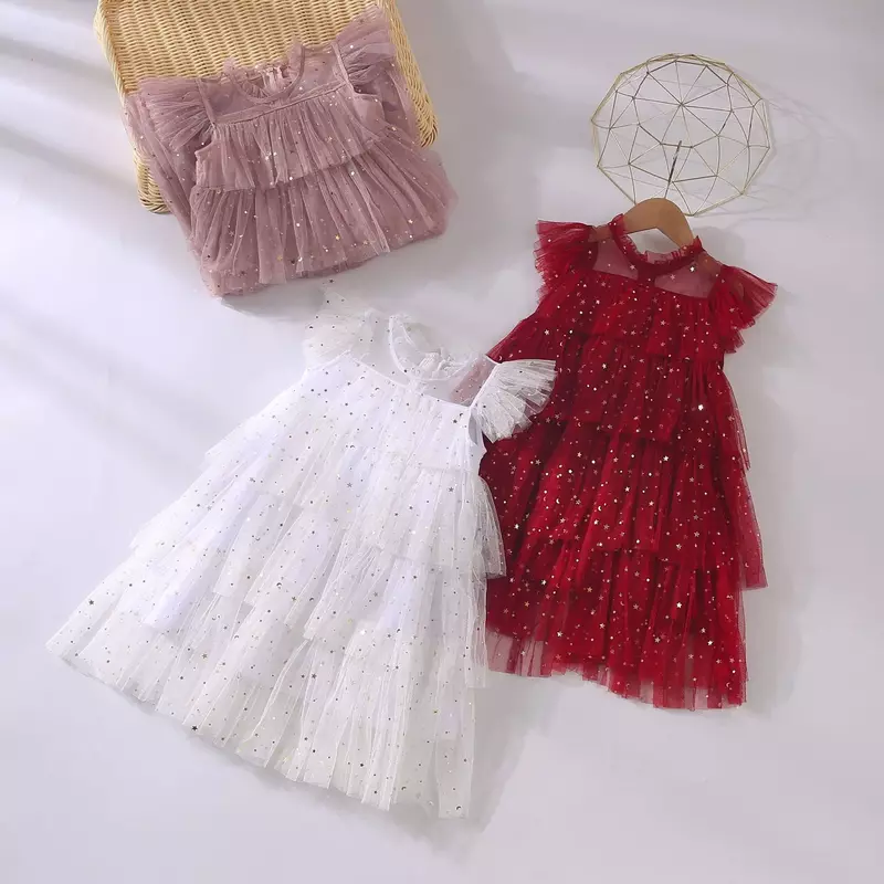 Dziewczęce tiulowe super wróżkowe sukienki księżniczki rękaw z rozporkami tęczowa gwiazda cekinowa sukienka na ciasto dziecięca siatkowa bufiasta sukienka na przyjęcie urodzinowe