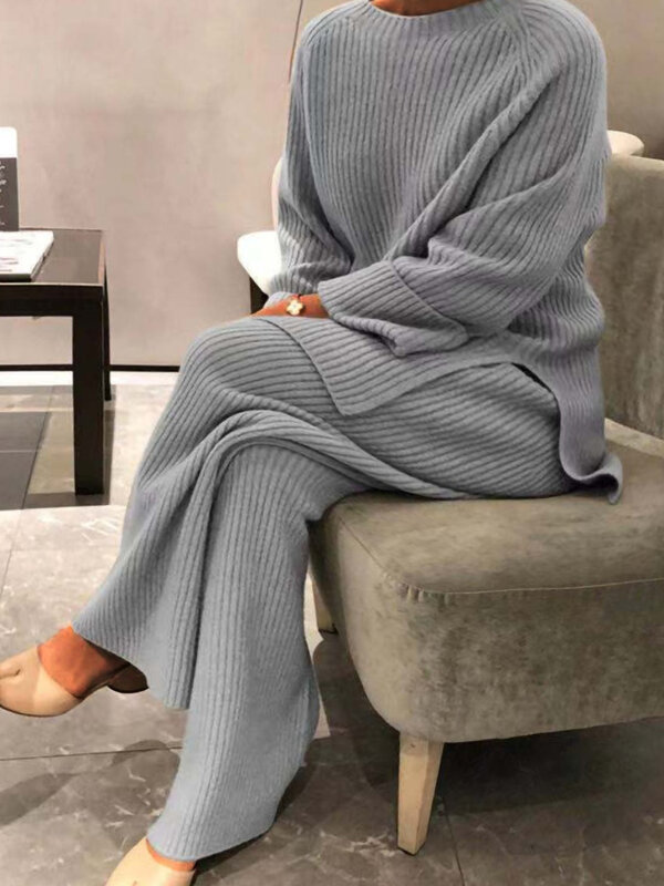 LW Plus size Rib Knit Side Split Pants Set Wide Leg Pants Tracksuits Pullover Sweaters Sets Full Length Trousers Suits